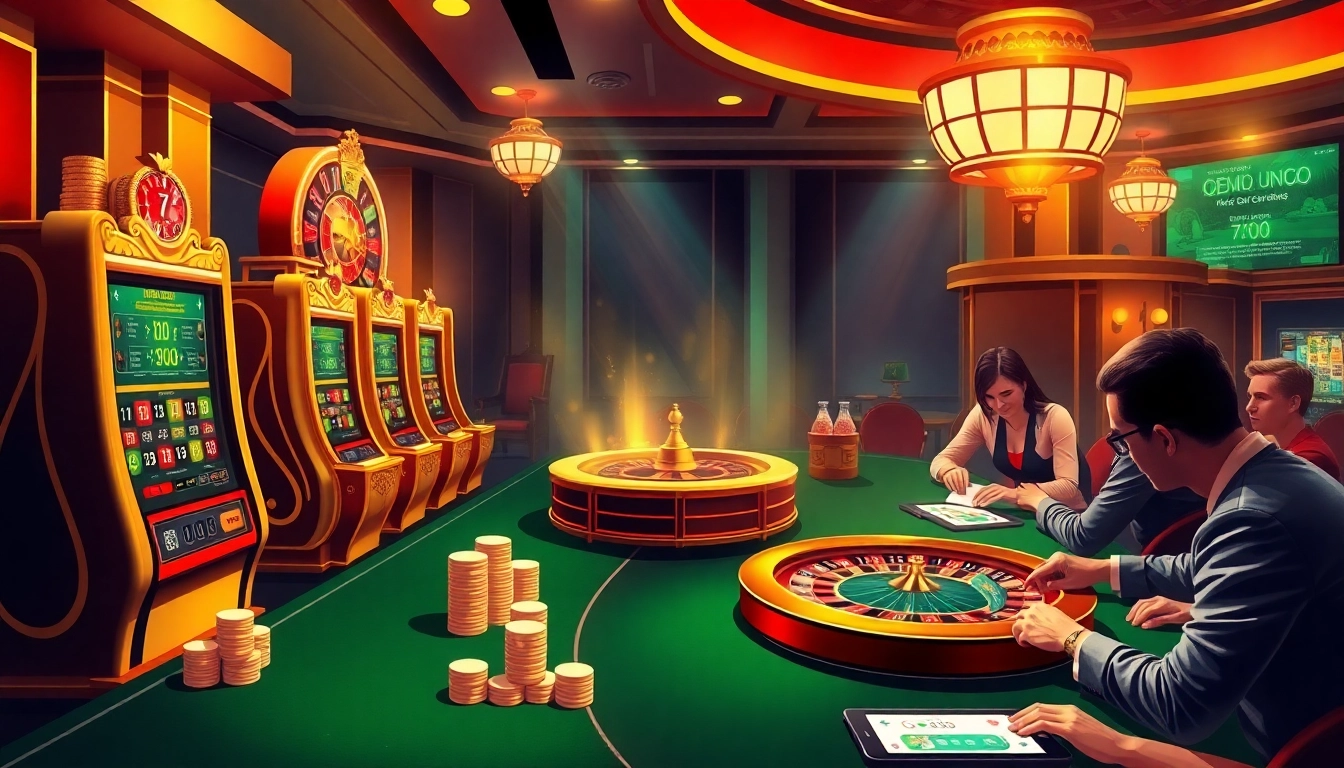 A thrilling gambling scene with vibrant visuals featuring alo 789 slot machines and poker tables.