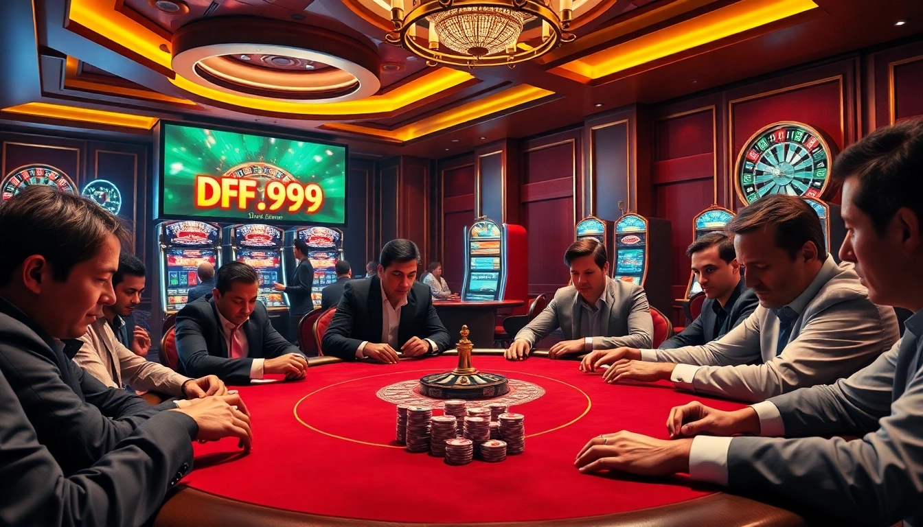 Engaging poker players at a luxurious casino table featuring DF999 chips in a vibrant gaming atmosphere.
