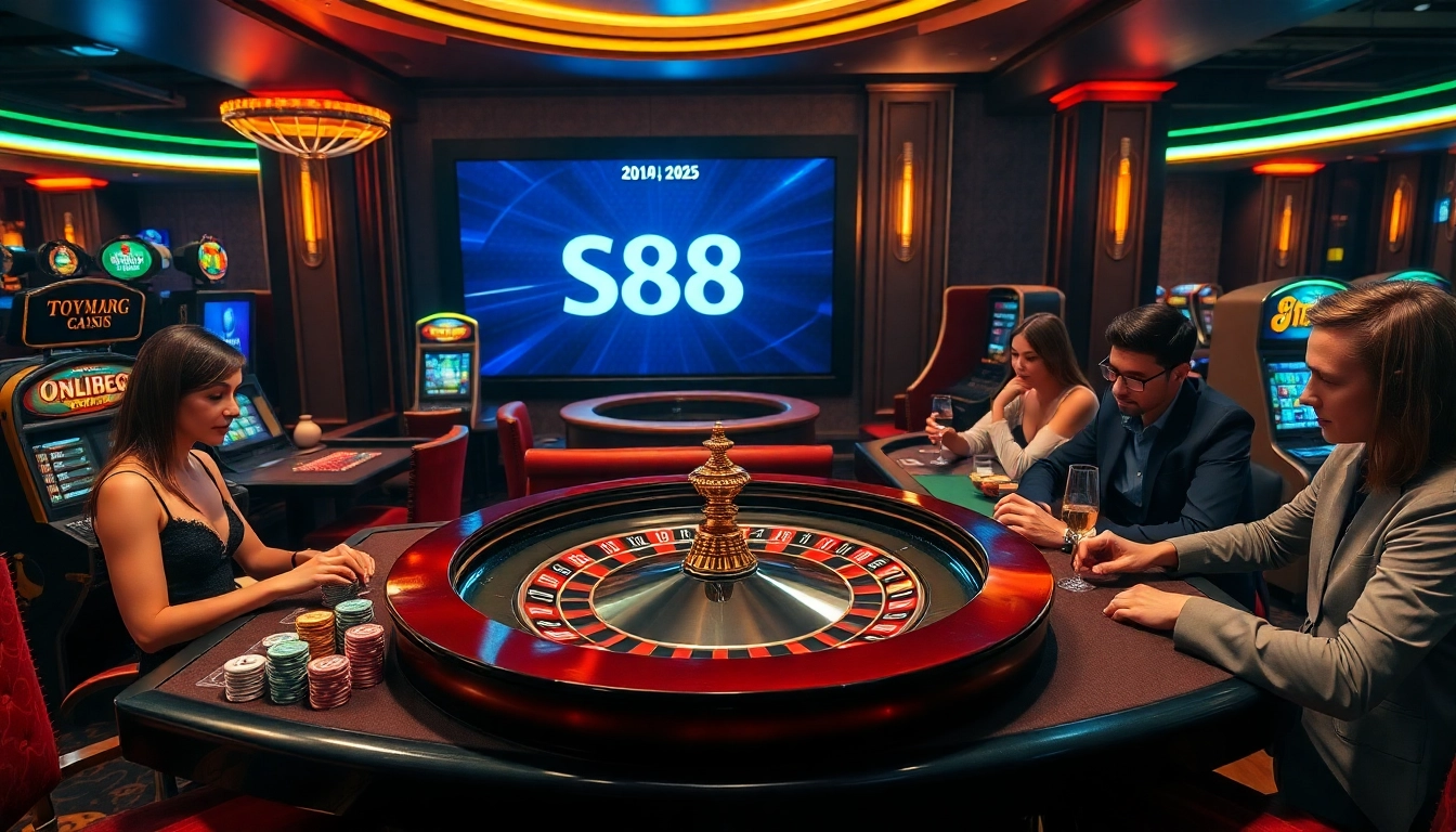 Play S88 games at a vibrant casino with roulette and poker tables.