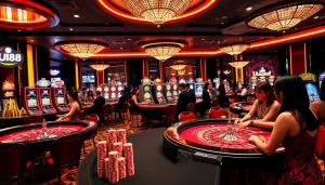 Players enjoying casino games at UU88 platform with vibrant atmosphere and colorful chips.