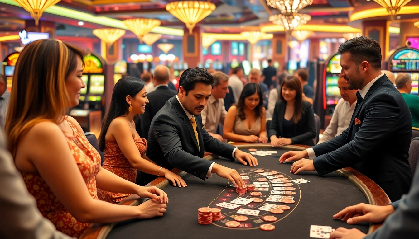 Players engaging in a thrilling blackjack game at 88vv, showcasing excitement and luxury in the casino.