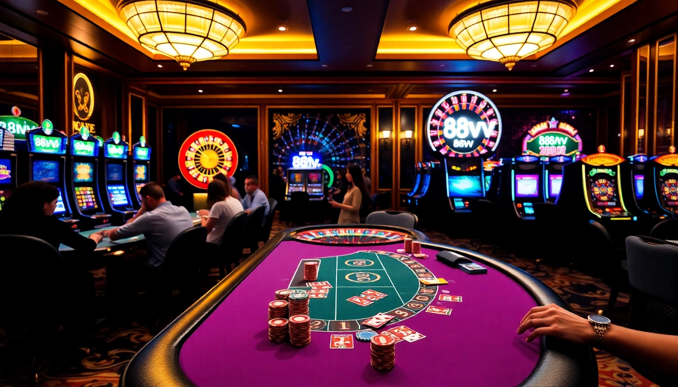 Engage with the thrilling atmosphere at 88vv casino featuring poker tables and roulette wheels.