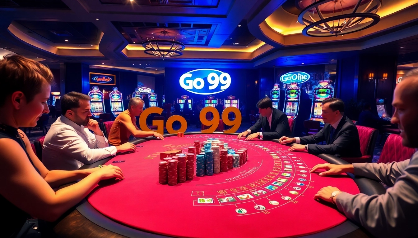 Players enjoy a thrilling blackjack game at a luxurious casino, highlighting Go 99 excitement.