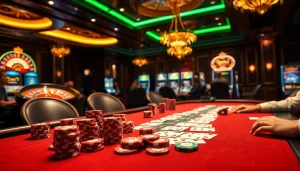 Players at a vibrant poker table celebrate a winning hand at okfun com casino.