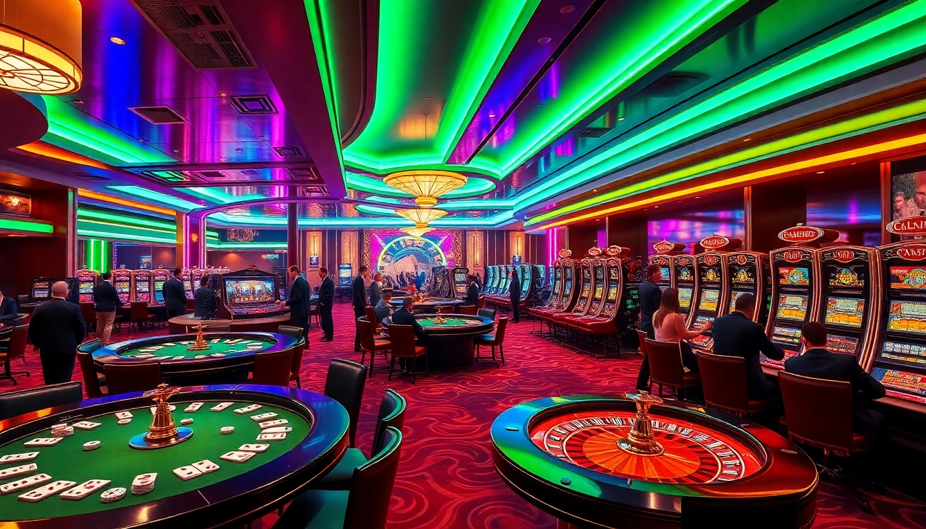 79king casino scene with enthusiastic players at poker tables and vibrant slot machines illuminated.