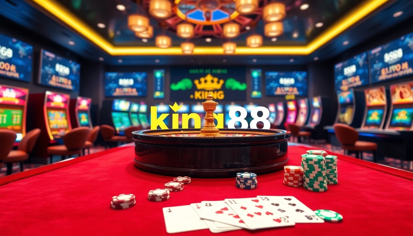 Experience thrilling gaming at king88 with lively casino tables, roulette wheels, and poker chips.