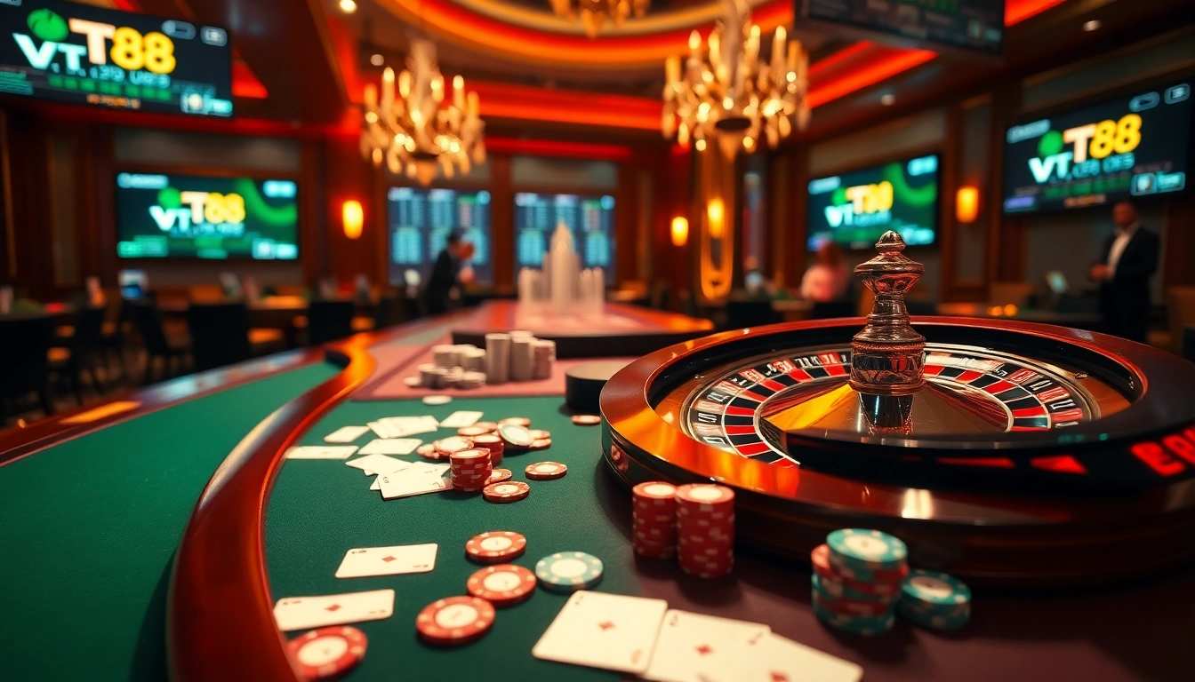 Experience the excitement of gambling at vt88 with poker chips and roulette wheel in a luxurious casino setting.