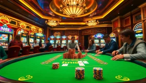 Players engage in a thrilling poker game at the hm88 casino, showcasing chips and strategy.