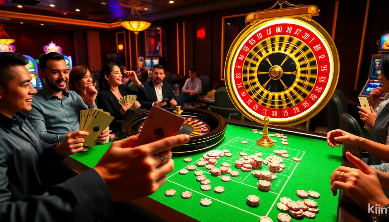 Kwin casino players celebrating wins at a vibrant gaming table surrounded by lively roulette action.