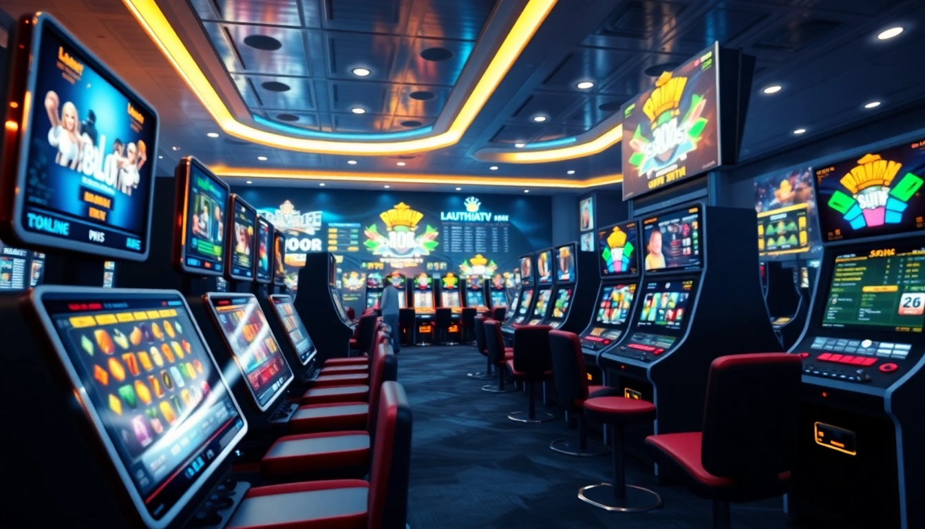 Lauthaitv's dynamic online casino gaming interface showcasing vibrant slot machines and sports betting, inviting excitement.