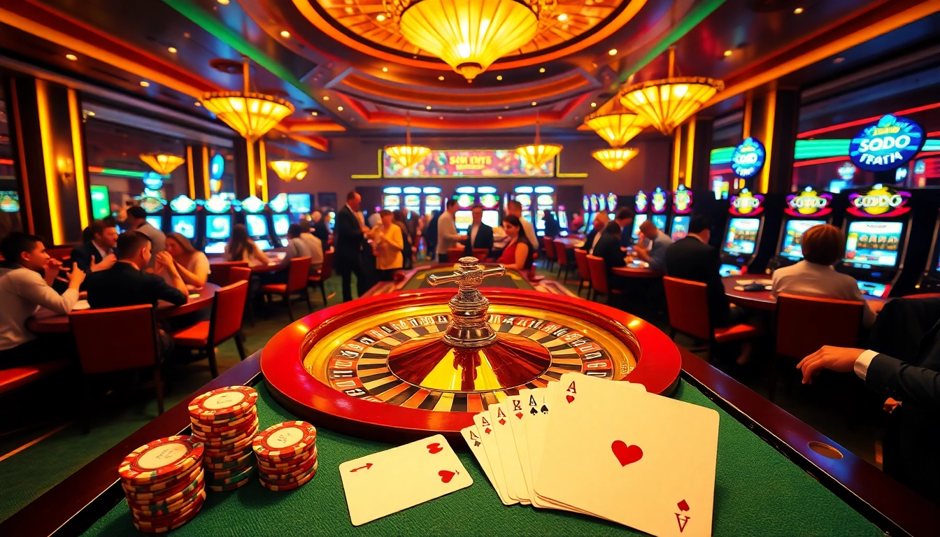 SODO-themed vibrant casino scene showcasing roulette, poker chips, and excited players.