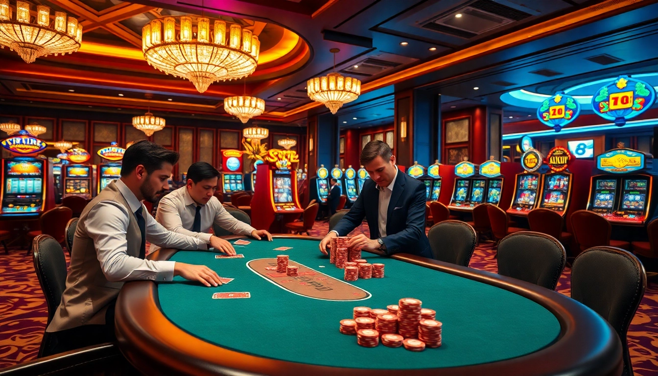 Players strategizing at a poker table in a luxurious casino setting, featuring good88 chips.