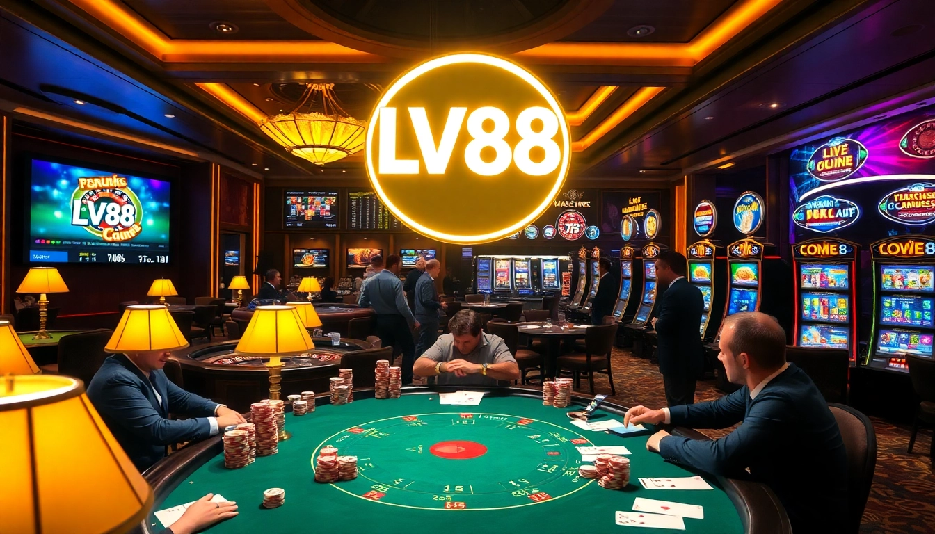 Engaged gamblers strategizing at a blackjack table in a luxury casino with LV88 branding.