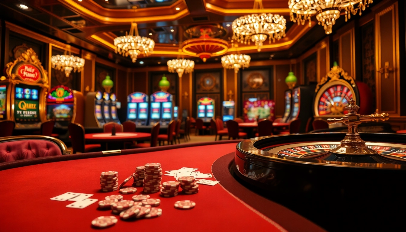 Experience the thrill of RIKVIP gaming with luxurious casino tables, vibrant slot machines, and poker chips.