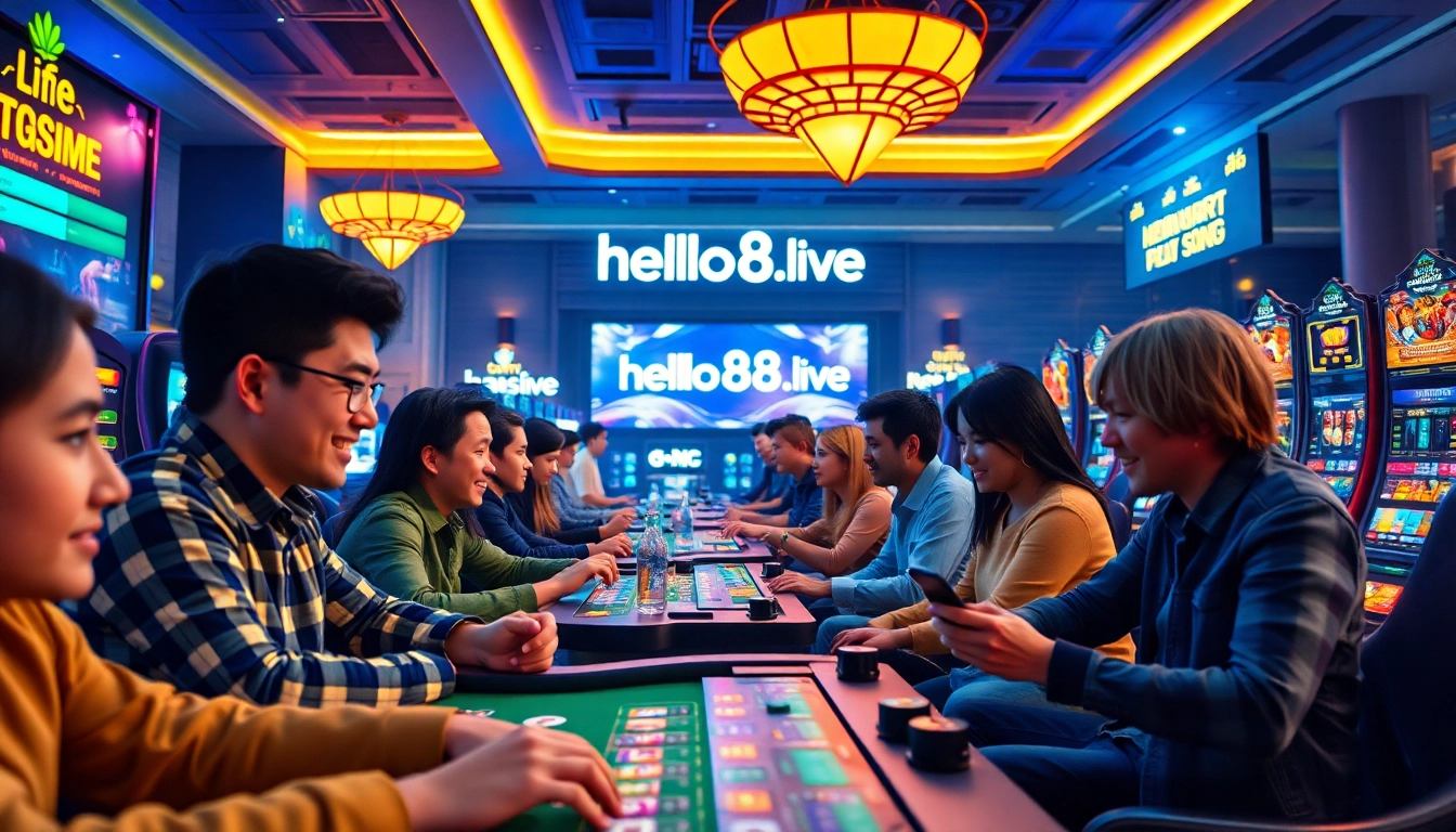 Engaging casino and sports betting scene from hello88win.live, showcasing happy players and dynamic games.