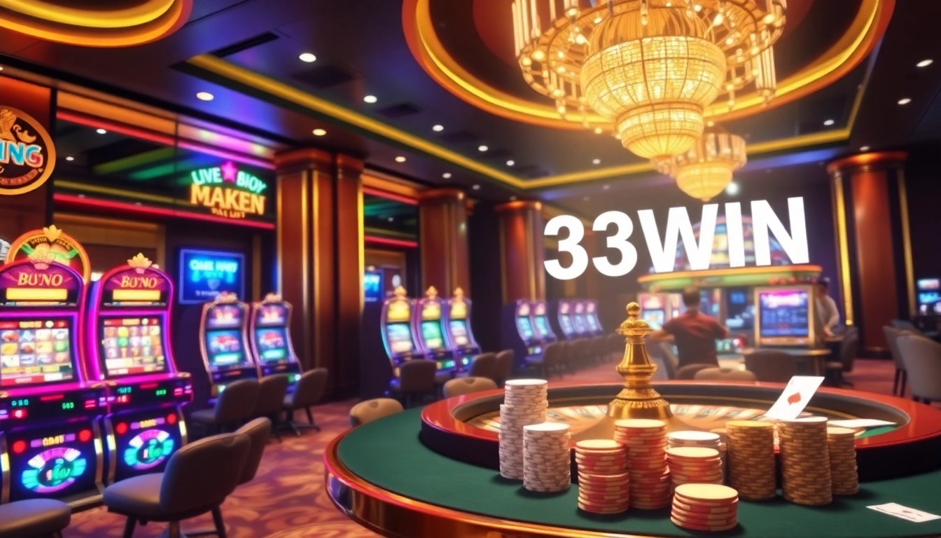 Players enjoying the thrill of 33win 39 at a luxurious casino, showcasing poker chips and a roulette wheel.