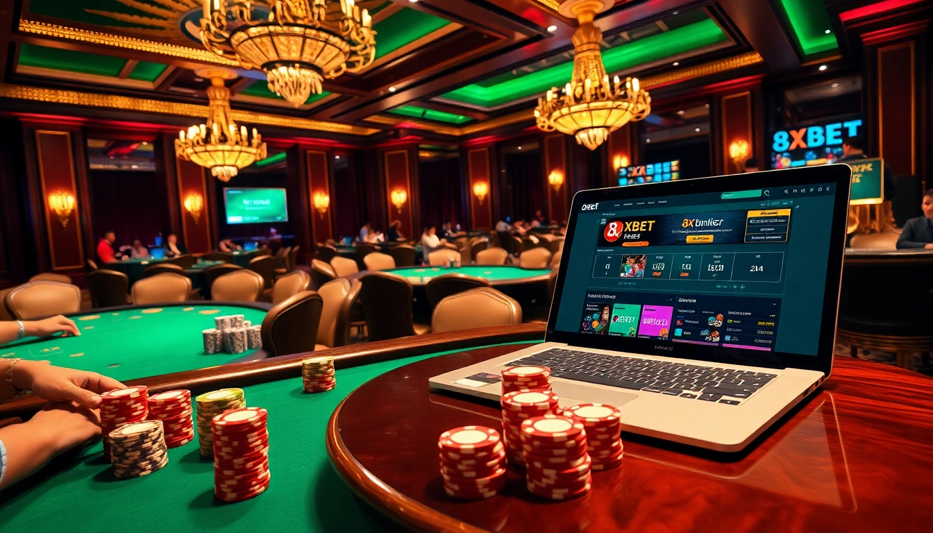 Engaged players enjoying their gambling experience at 8xbet casino, featuring modern betting tables.