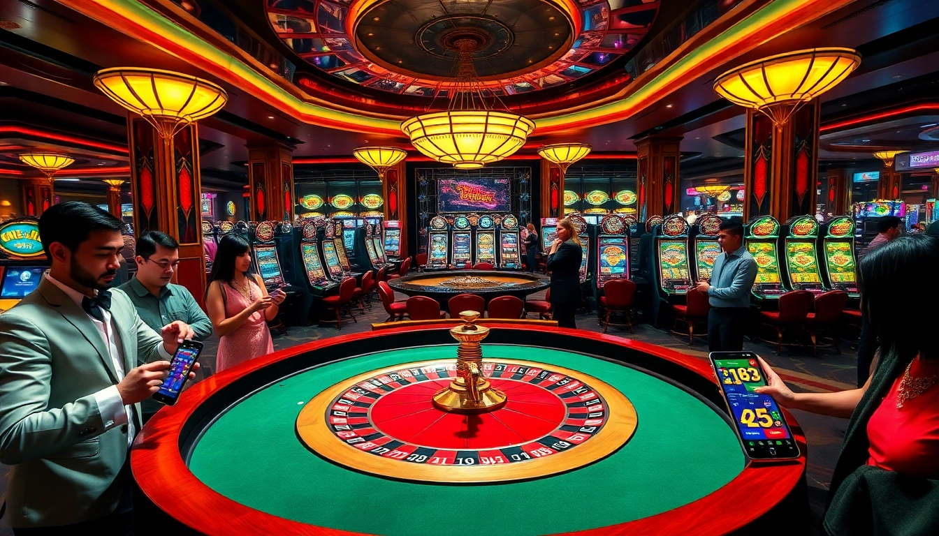 Experience the thrills of gambling with https://hacoolmall.com/ in a vibrant casino scene featuring roulette and slot machines.