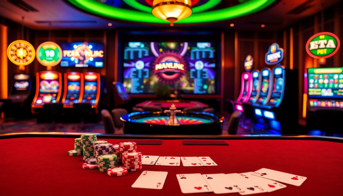 Buzzing casino scene showcasing online gambling excitement at https://jun88pl.com/ with poker chips and vibrant slot machines.