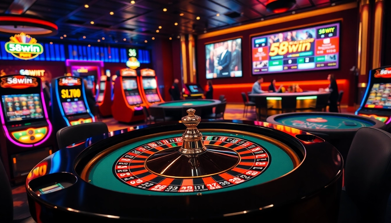 Experience the vibrant excitement of gambling at 58win casino, featuring a roulette table and slot machines.