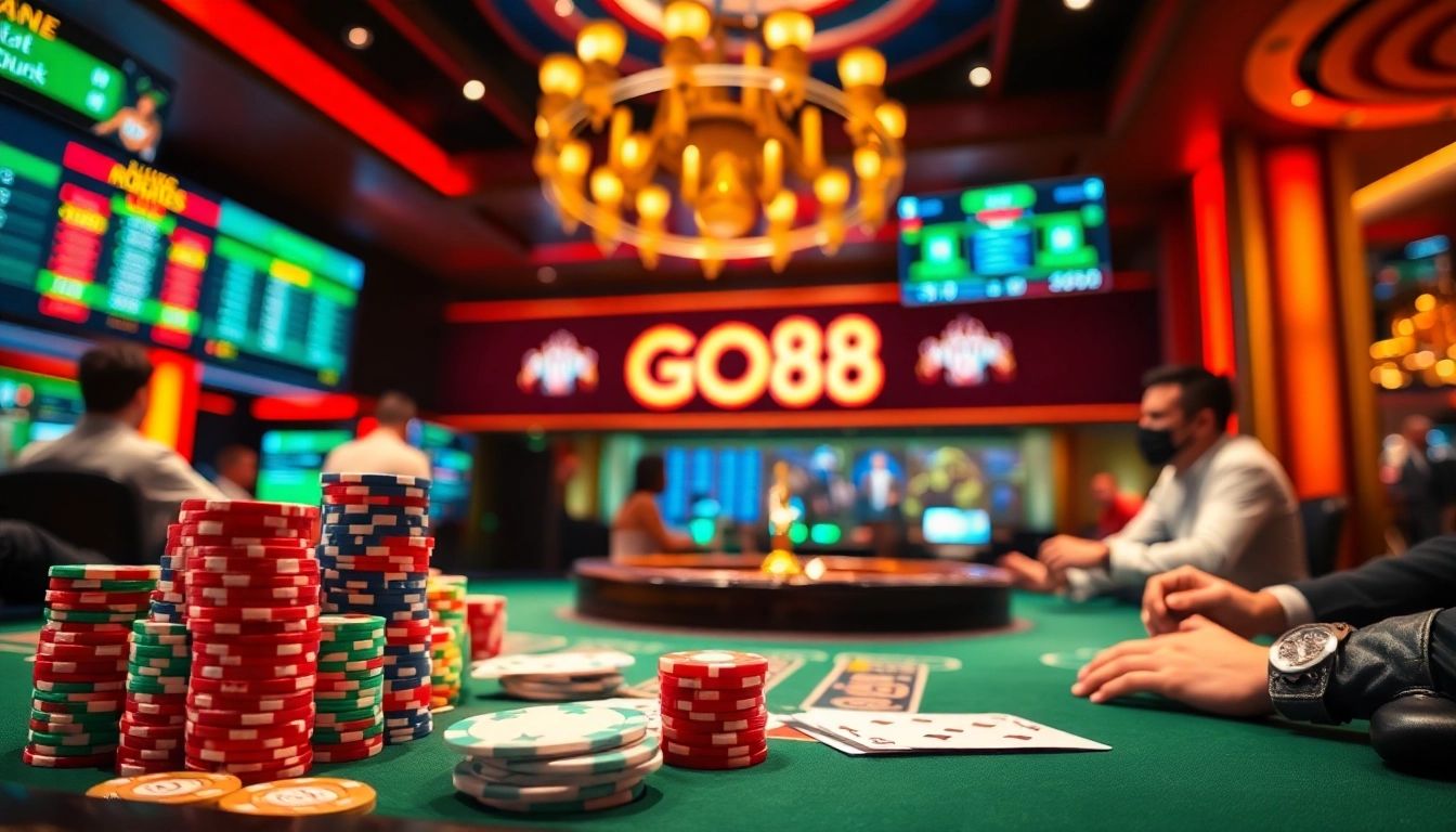 Experience excitement at the GO88 poker table with vibrant chips and winning odds.