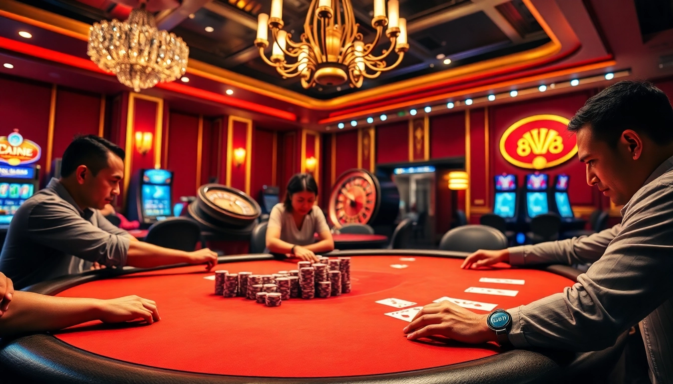 Players engage in an intense poker game at the 88i casino table, showcasing chips and cards.