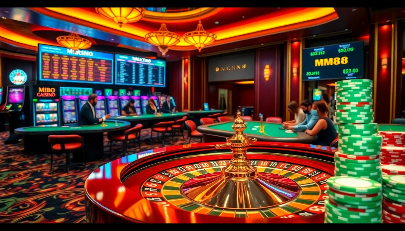 Experience the thrill of online gaming at https://mm88.sh/, featuring roulette wheels, poker chips, and vibrant casino action.