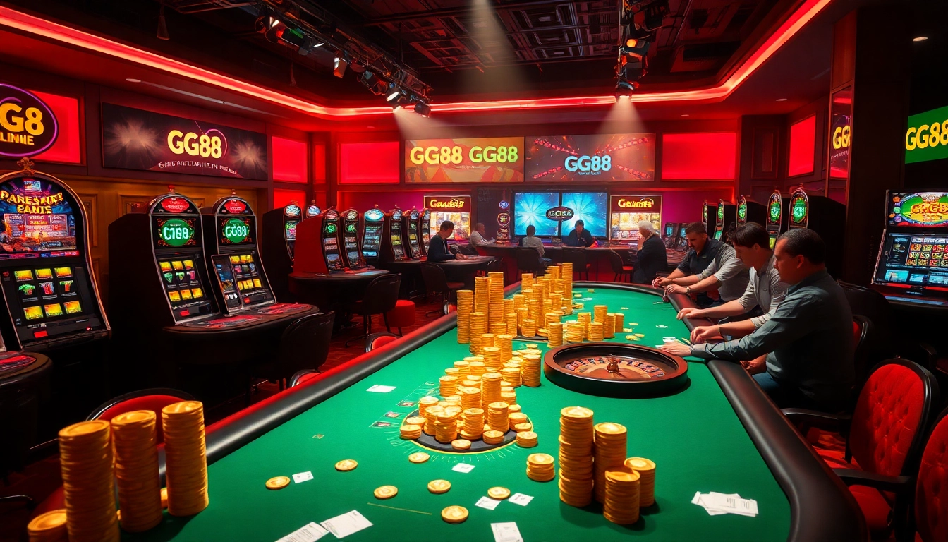 GG88 gamblers thrilling at high-stakes poker tables with luxurious ambiance.