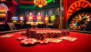 A vibrant casino scene with KK55 poker chips on a high-stakes table, capturing the thrill of gambling.