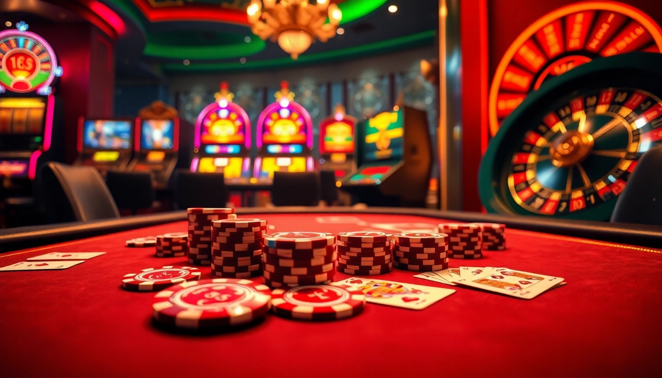 A vibrant casino scene with KK55 poker chips on a high-stakes table, capturing the thrill of gambling.