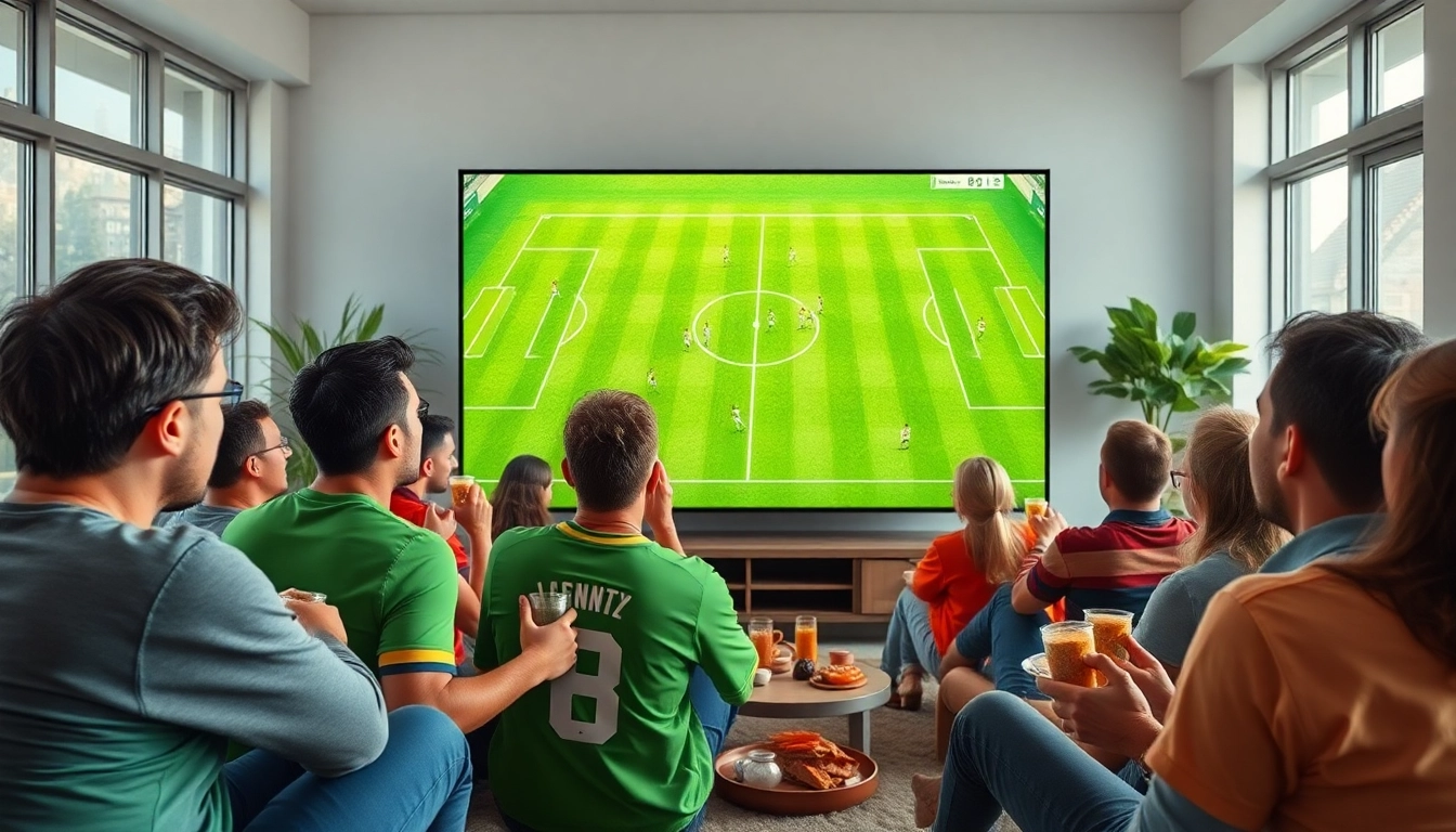 Vibrant sports fans watching a live game on vaoluoi tv in a modern living room.