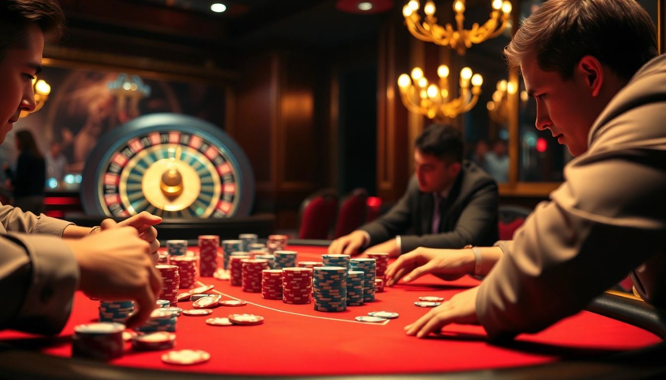 Players strategizing at a poker table surrounded by 11BET chips in an upscale casino