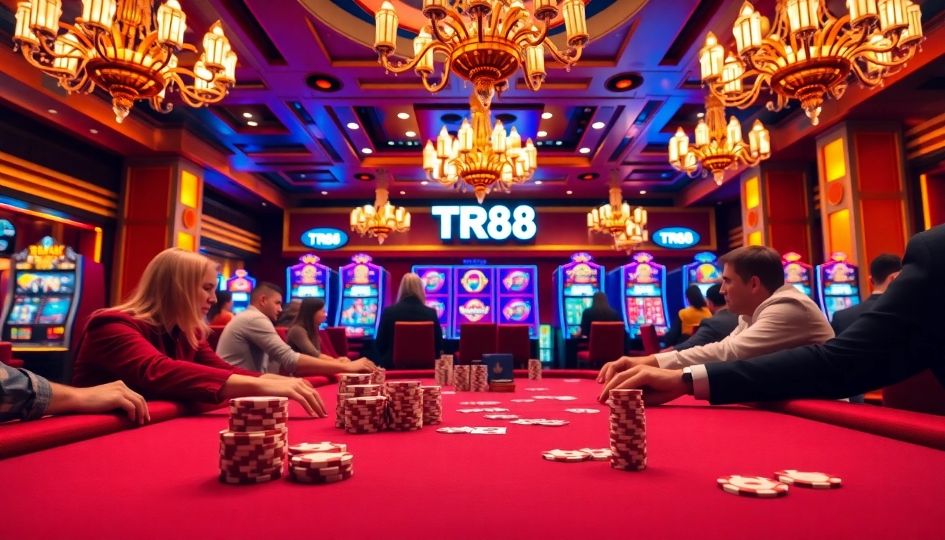 Players enjoying a thrilling poker game at TR88 with vibrant casino elements.