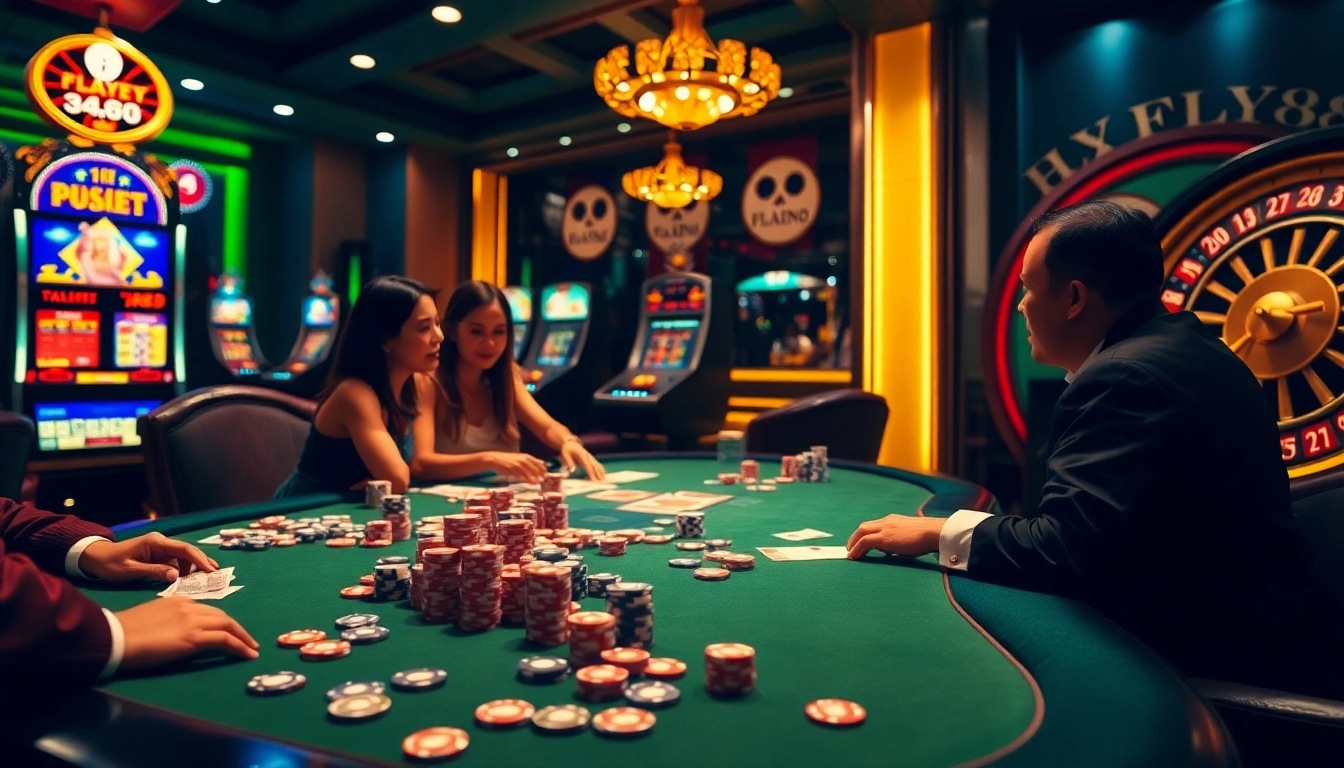 Experience the thrill of playing at FLY88 Đăng kí with vibrant casino elements like chips, cards, and exciting games.