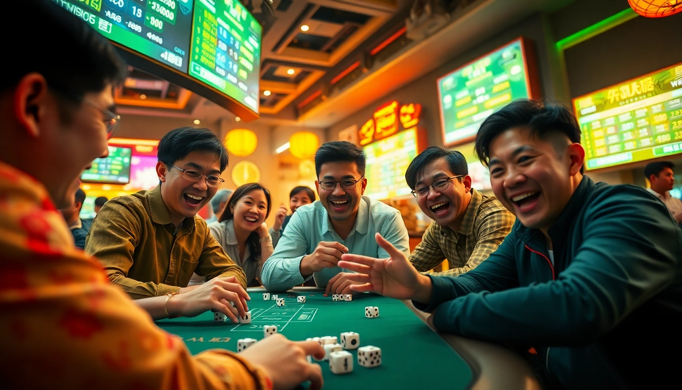 Experience Tài Xỉu Online excitement with engaged players and vibrant gaming screens.