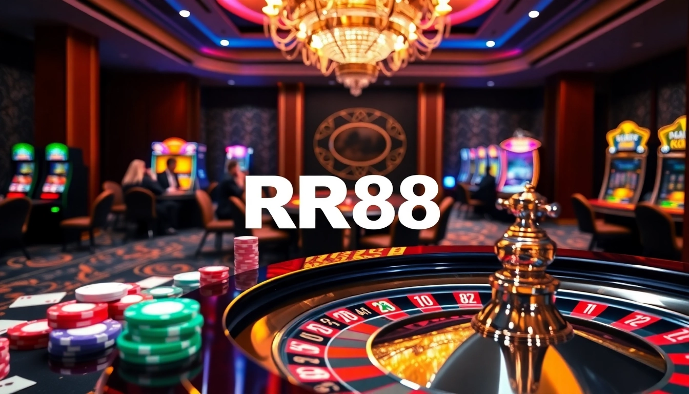 Experience the thrill of RR88 with engaging casino ambiance featuring roulette and excited players.