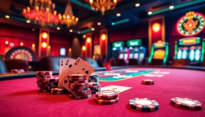 Engage in thrilling betting at dom88.us.com's premium poker table featuring vibrant chips and elegant cards.