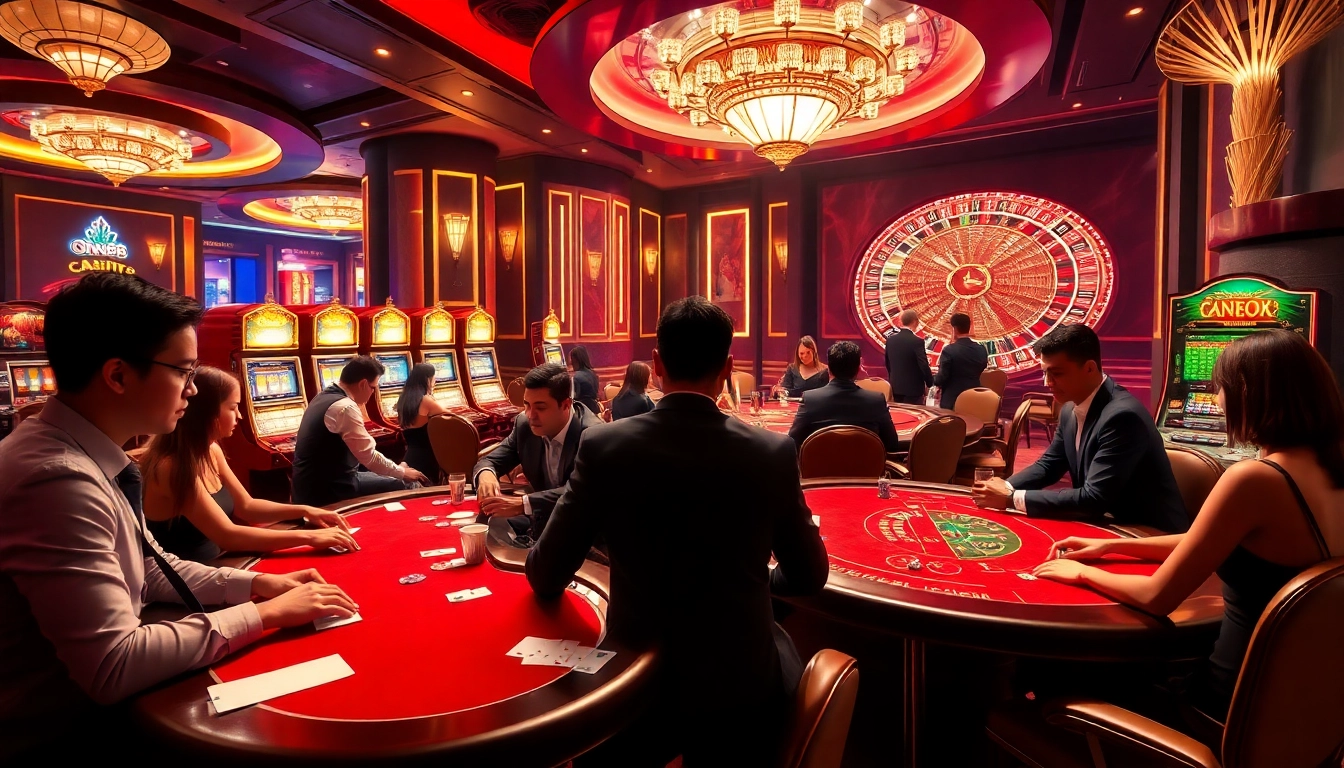 Engage with the thrilling atmosphere of dn88 trang chủ casino, featuring players at vibrant tables and exciting slot machines.