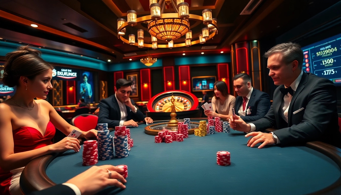 B52club poker players engaging at a luxurious casino table with vibrant chips and cards.
