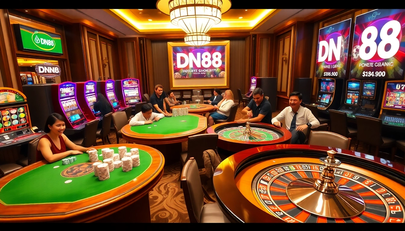 Experience luxury gaming at DN88's vibrant casino with players at slot machines and poker tables.