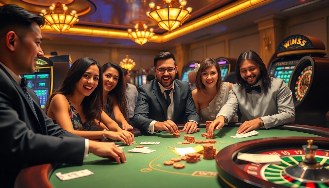 Experience the thrill of gaming at a Win55 casino with high-stakes poker and vibrant slot machines.