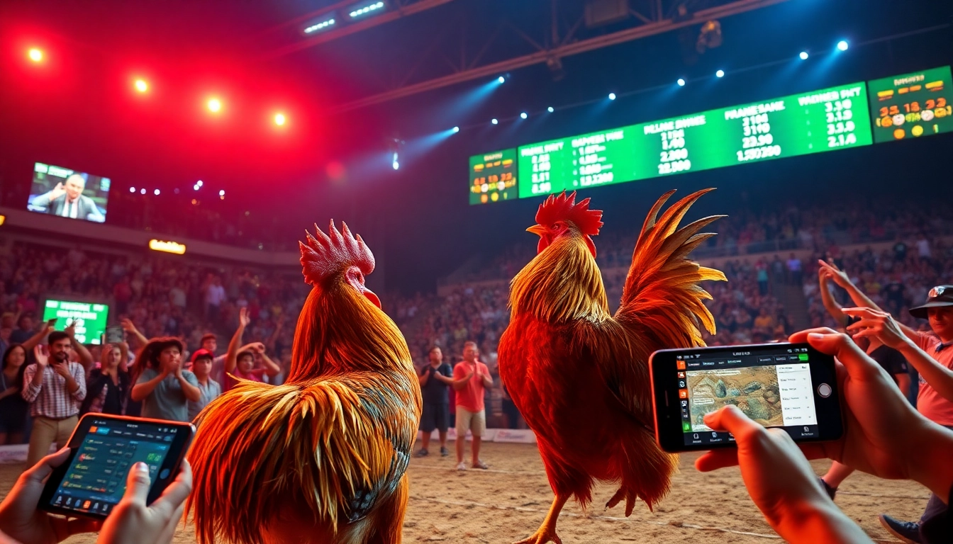 Live rooster fighting at dagawin.live, capturing the excitement and betting atmosphere during an online event.