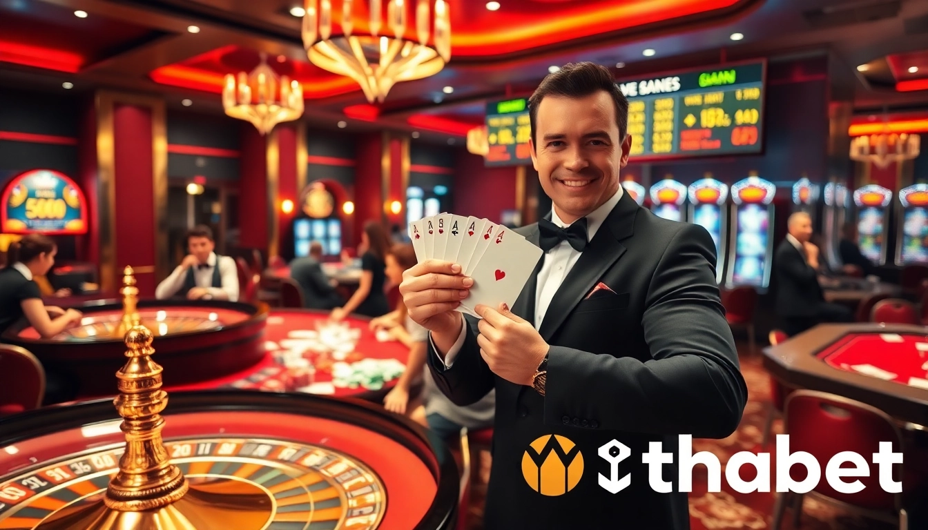 Thabet casino scene showcasing a winning hand and roulette excitement