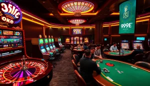 Experience the excitement of 999E with vibrant casino scenes featuring slot machines and poker tables.