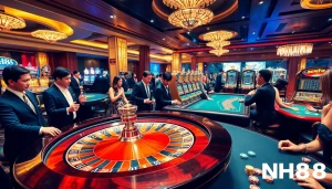 Engage with thrilling online gaming experiences at NH88, showcasing vibrant casino tables and exciting players.