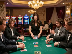 Players strategizing in a poker game at an upscale casino showcasing link f168.