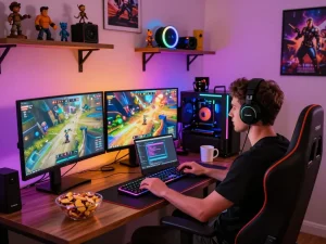 Experience real porn games in an immersive vibrant gaming setup with dynamic graphics and colorful LED lights.