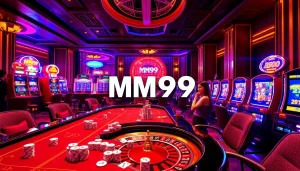 Players enjoying an exciting game session at MM99's vibrant casino tables with poker chips and cards.