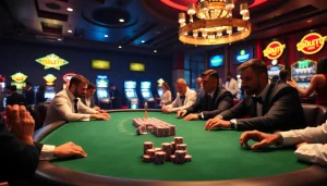 Engage with the thrill of online gaming at link luckywin with vibrant casino scenes showcasing poker action.