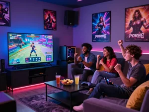 Friends enjoying a thrilling porngame session in a vibrant gaming lounge with snacks and drinks.